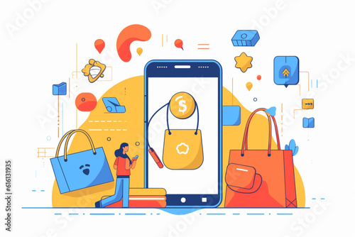 flat illustration of online shopping with smartphone in bright colors
