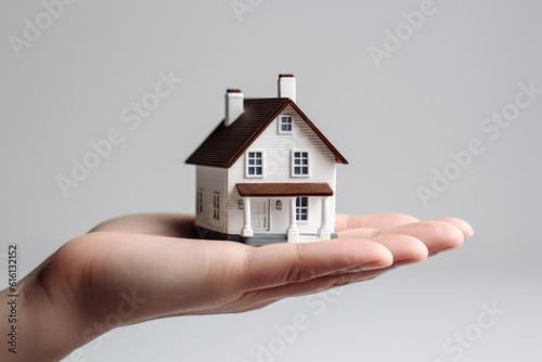 Male hand holding a model of the house on white background, Generative AI