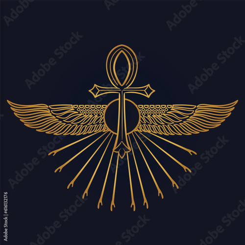 Holy Egyptian eye of horus with wings and Ra God of Sun with ankh