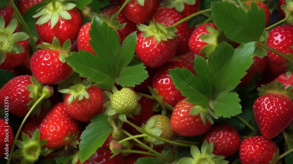 Ripe strawberries with leaves close up as a background. Generative AI Ripe strawberries with leaves close up as a background. Generative AI