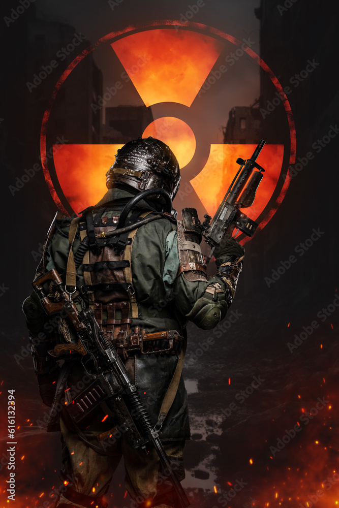 Fototapeta premium Soldier in futuristic armor, made for shielding against radiation, holds a conceptual rifle amidst blazing atmosphere. Backdrop features a massive sign of nuclear protection in a world ravaged by war