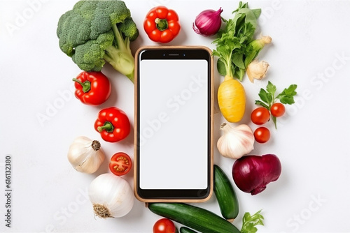 Top view on smartphone with mock up display and vegetables around