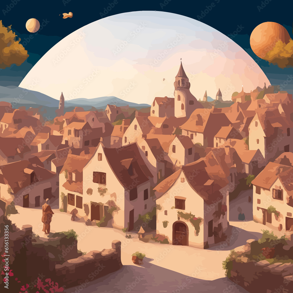 medieval village sun star illustration