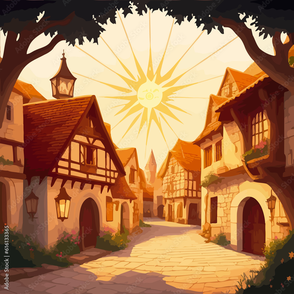 medieval village sun star illustration