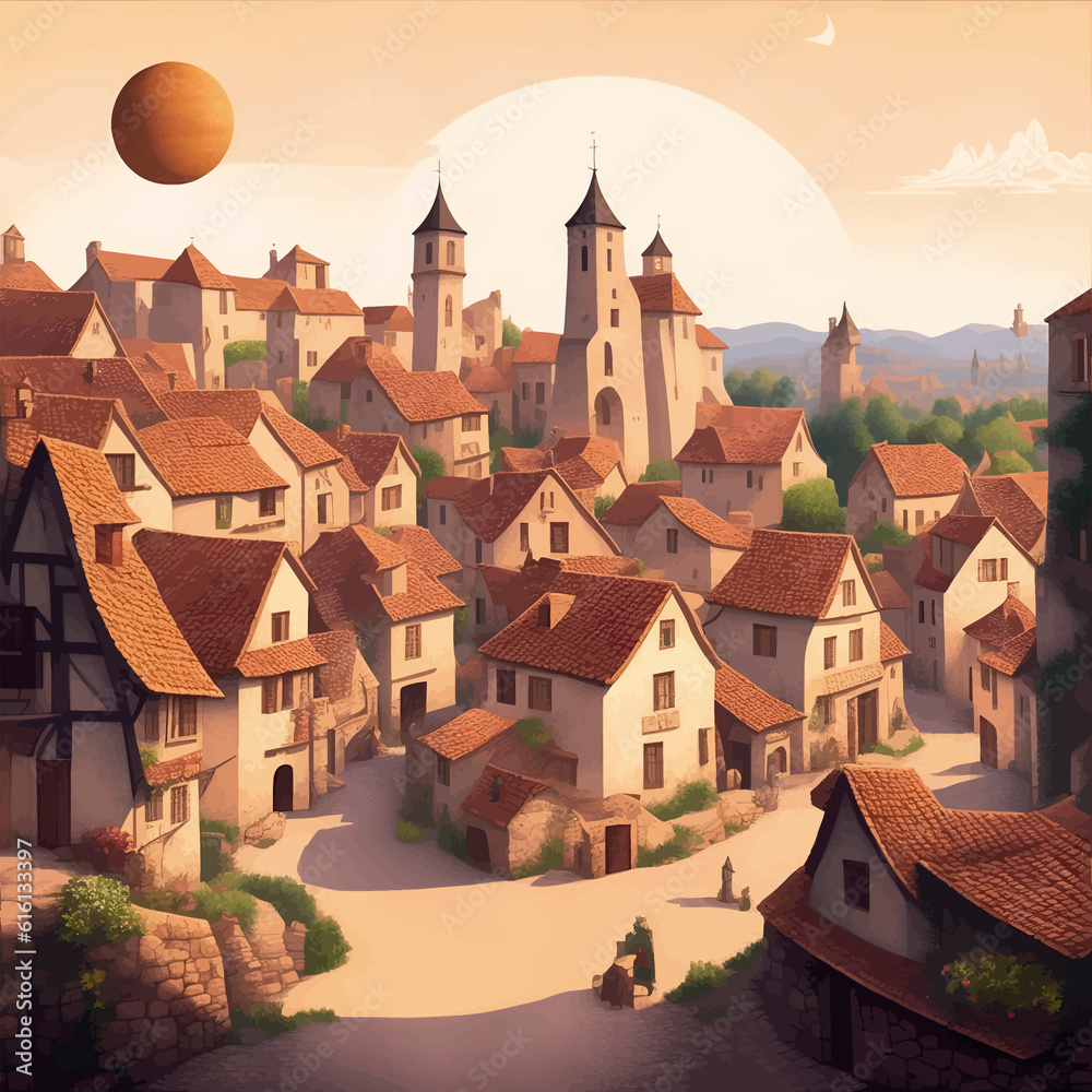 medieval village sun star illustration