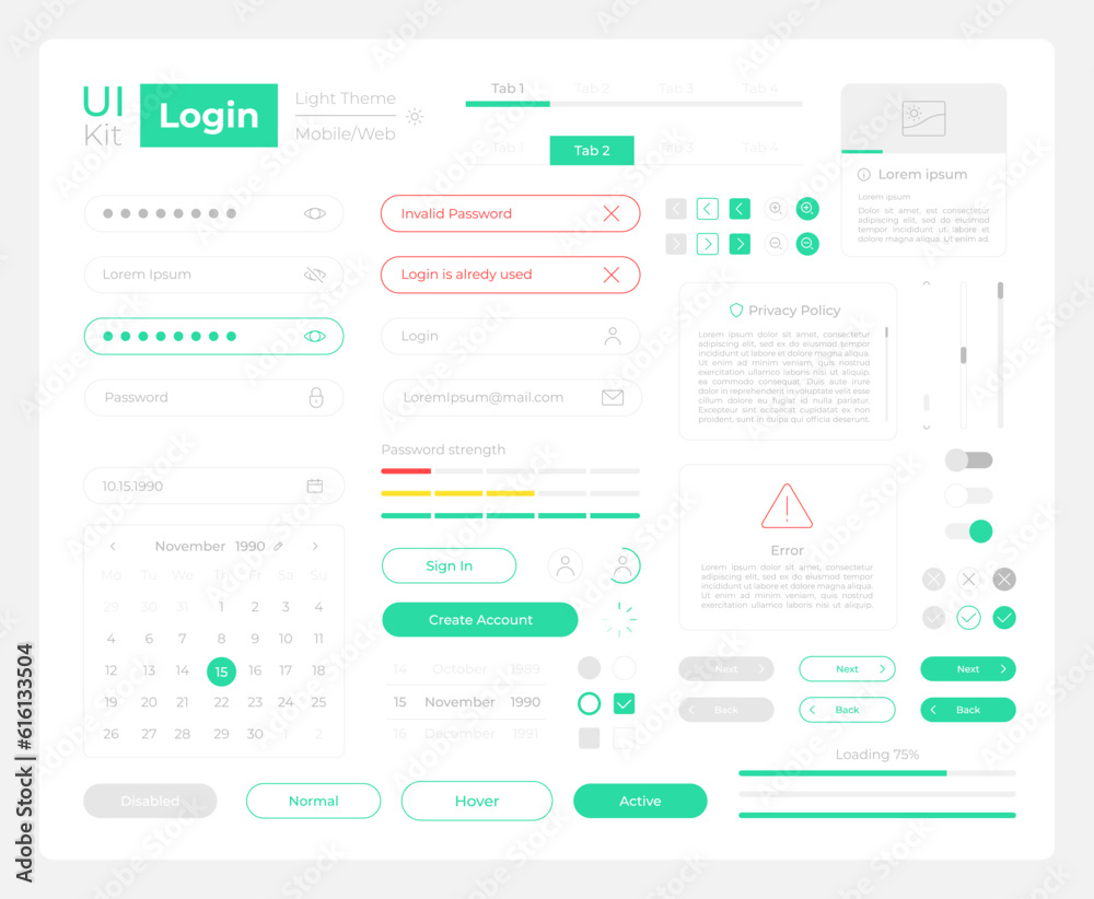 Login procedure UI elements kit. Security isolated vector components. Flat navigation menus and interface buttons template. Web design widget collection for mobile application with dark theme Login procedure UI elements kit. Security isolated vector components. Flat navigation menus and interface buttons template. Web design widget collection for mobile application with dark theme