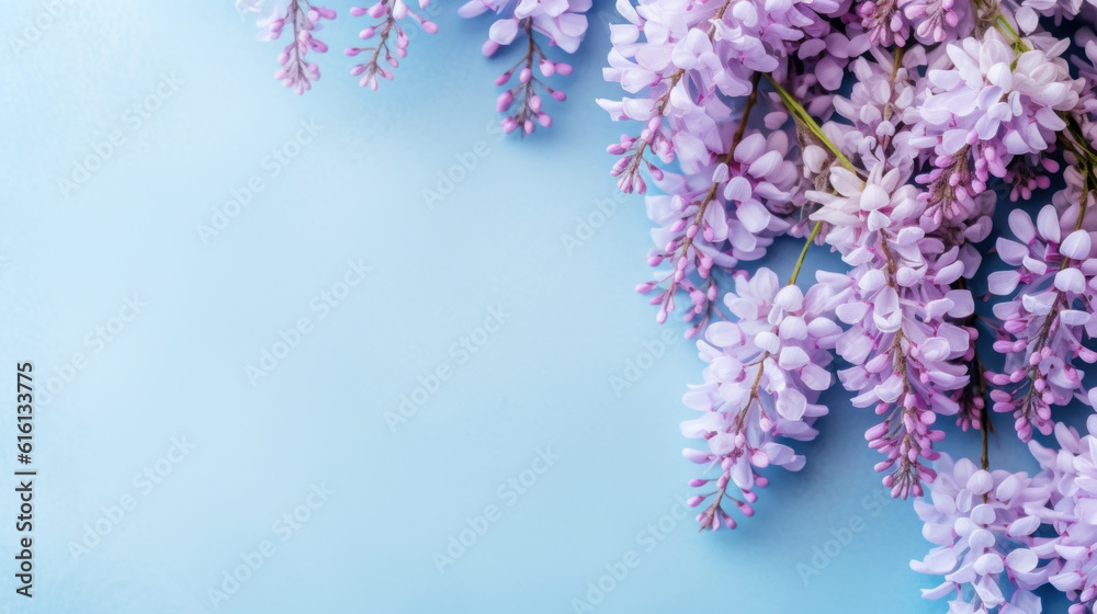 Wisteria flowers on light blue background with copy space Generative AI