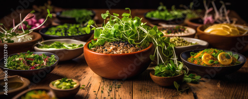 Raw vegetable with microgreens on the table. generative ai