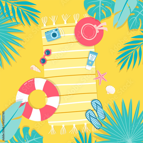 Beach from above, view with beach towel, rubber ring and other vacation accessories. Summer vector illustration