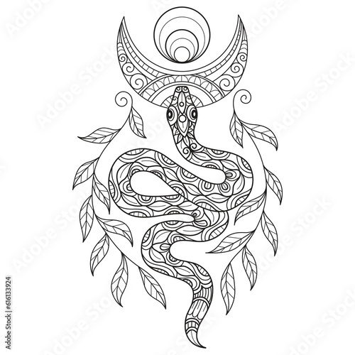 Snake and moon hand drawn for adult coloring book