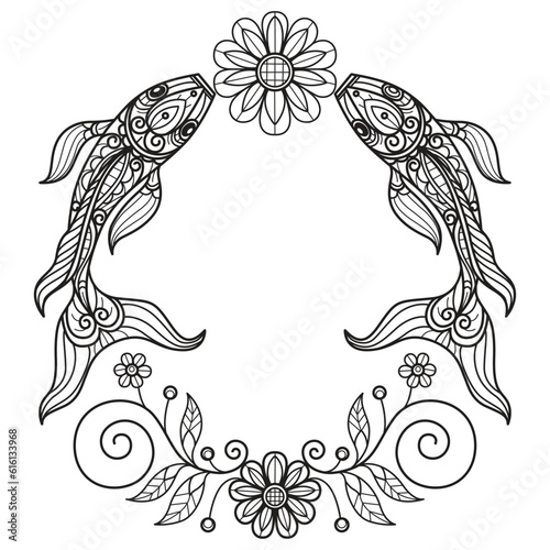 Flower and fish frame hand drawn for adult coloring book