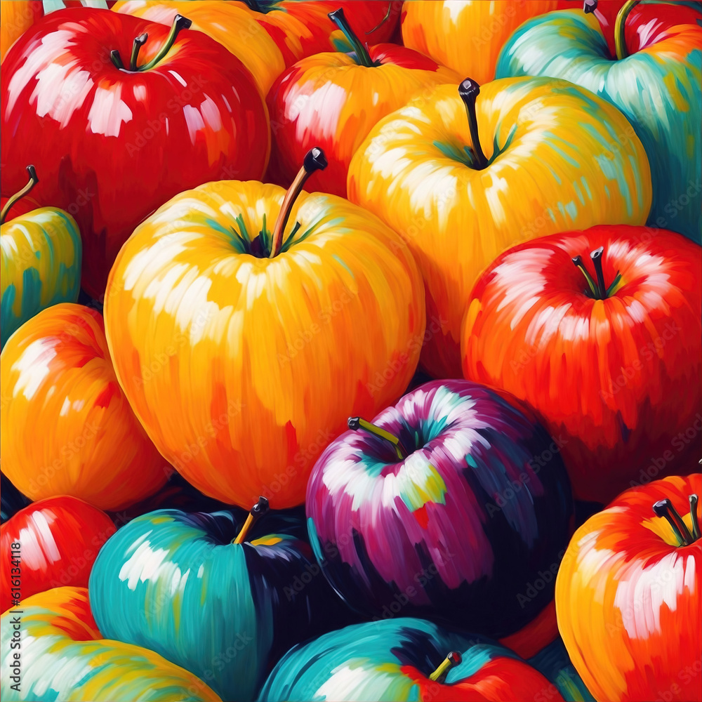 Many colorful apples background, oil painting style illustration. Generative Ai. Many colorful apples background, oil painting style illustration. Generative Ai.