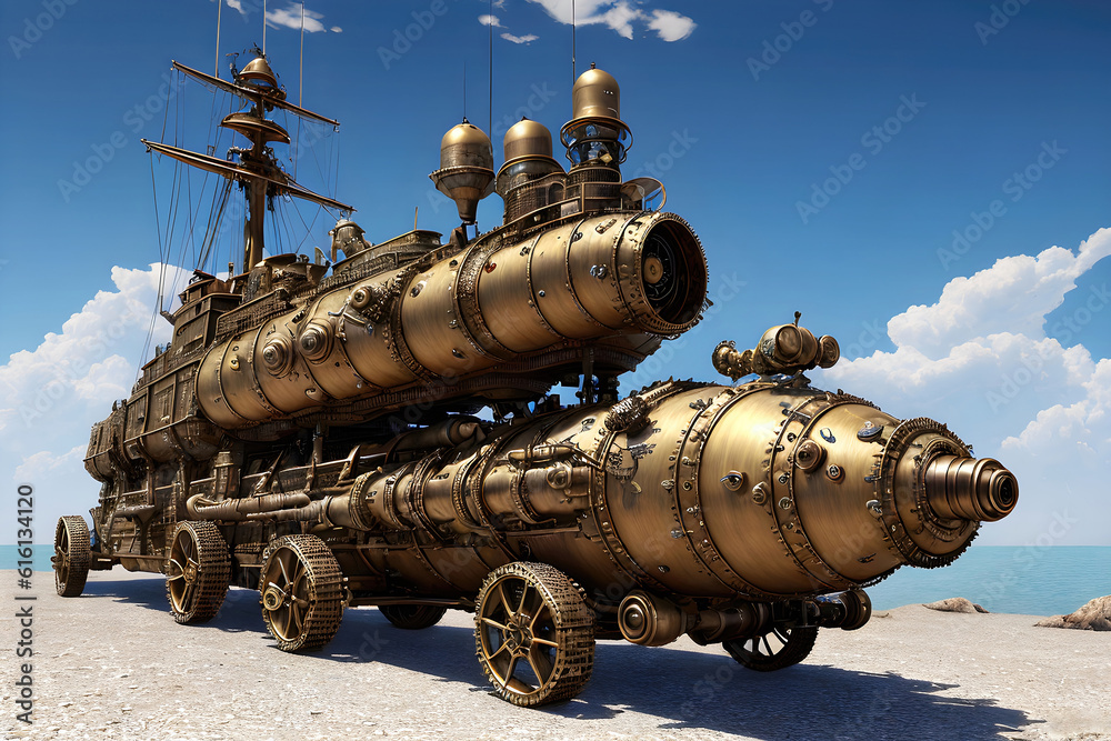 A huge steampunk war machine fantastic vehicle, retro technology illustration. Generative Ai.