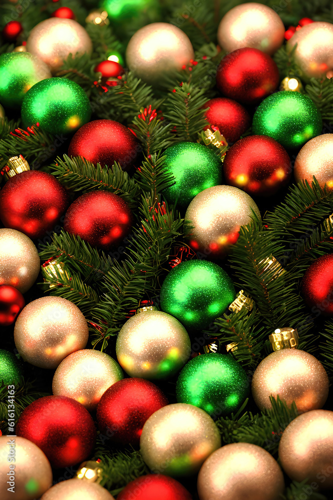 Christmas background with spruce branches decorated with Christmas baubles, snowflakes, and lights. Generative Ai. Christmas background with spruce branches decorated with Christmas baubles, snowflakes, and lights. Generative Ai.