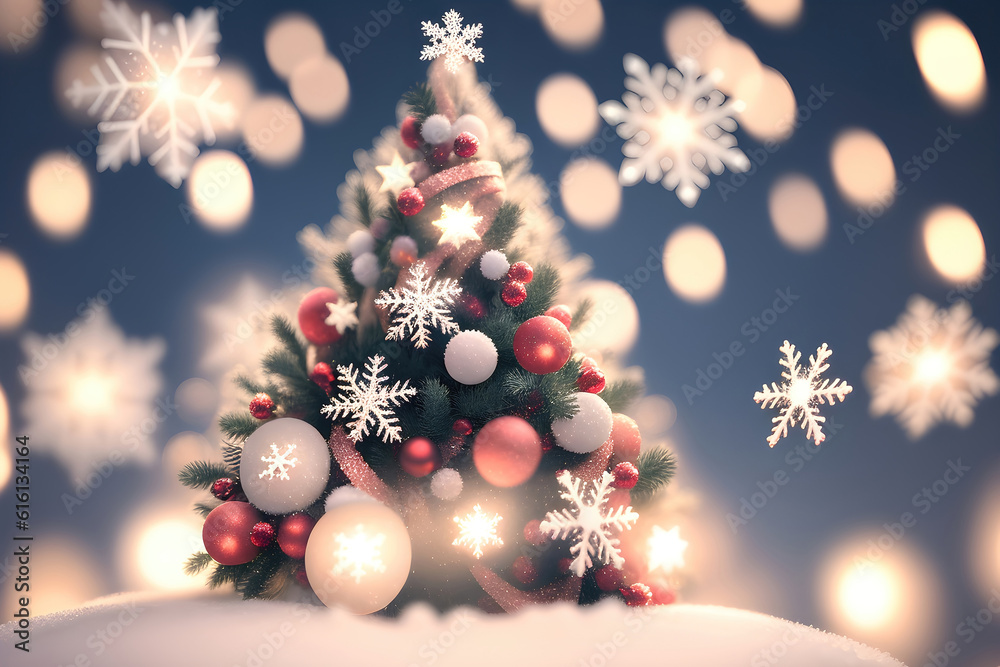 Christmas background with snowflakes and lights, magic Christmas wallpaper. Generative Ai.