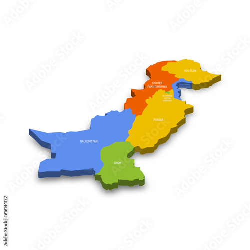 Pakistan political map of administrative divisions - provinces and autonomous territories. Colorful 3D vector map with country province names and dropped shadow.