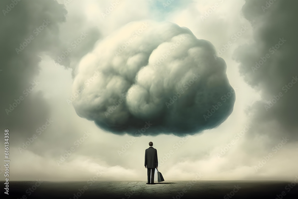 Man with anxiety and large cloud hovering over their head. Mental problem and chaos in conception ai generated art Man with anxiety and large cloud hovering over their head. Mental problem and chaos in conception ai generated art