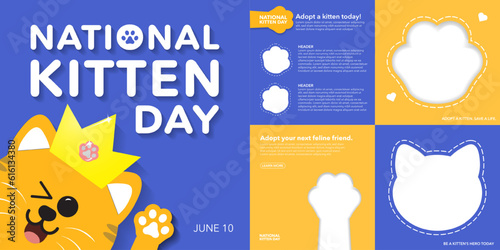 National Kitten Day Social Media and frame Templates. 3d orange cat wearing a crown on blue background. Adopt a kitten today concept. Perfect for social media, cards, flyers, designs, web, covers.

