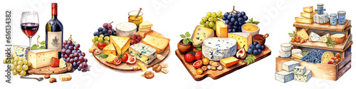 Watercolor illustration Cheese board ,chopping board , wine glass, grapes, cheese and crackers transparent background, PNG