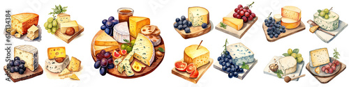 Watercolor illustration Cheese board ,chopping board , wine glass, grapes, cheese and crackers transparent background, PNG