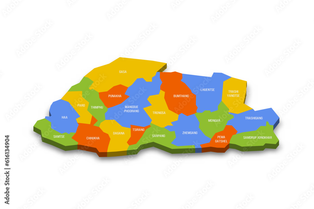 Bhutan political map of administrative divisions districts. Colorful