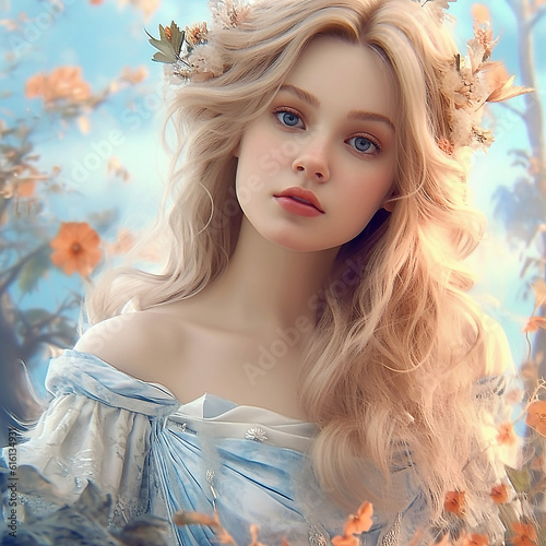 Portrait  beautiful fairy tale girl princess close up. Created with Generative AI technology.