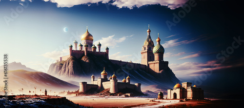 illustrazione generative ai, di immaginario paesaggio con edifici ed alte torri e guglie, castelli e fortificazioni, vallata desertica, tramonto photo