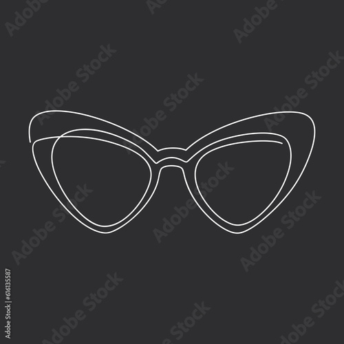 White line continuous cat eye sunglasses drawing. Vector illustration. Hand drawn linear silhouette icon on black background. Minimal design, print, banner, card, wall art poster, brochure, logo.