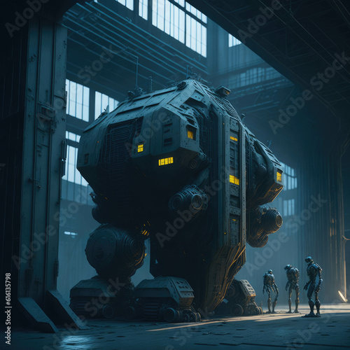 Industrial Futuristic Sci-Fi Hangar, Making Humanoid Robots Synth, Technology Science Fiction, Generative AI