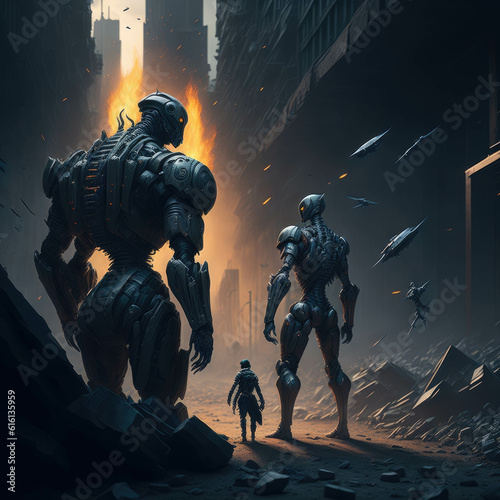 Battle Cyborg Synth Robot  Futuristic Sci-fi War With Humans  Metal Texture Armour  Apocalyptic Scene  Generative AI