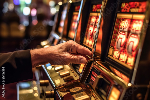 a person pulling the lever or pressing buttons on a slot machine in a casino setting Generative AI