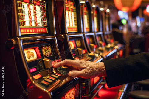 a person pulling the lever or pressing buttons on a slot machine in a casino setting Generative AI
