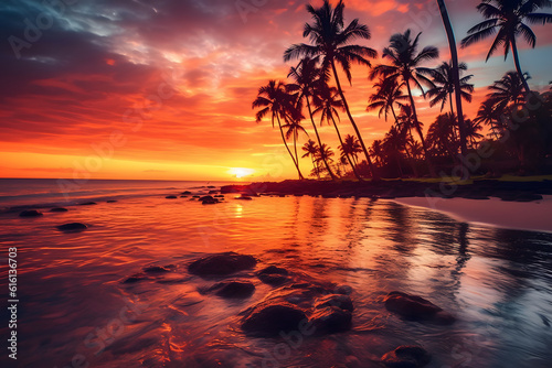 Tropical background with water reflection on sunset with clouds ai generated art