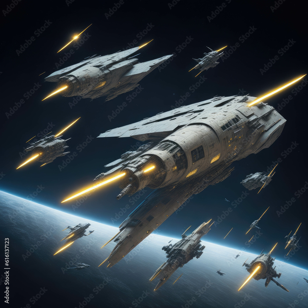 Obraz premium Spacecrafts Ready for battle, War Of Worlds, Stars And Planets, Deep Space, Alien Invasion, Generative AI