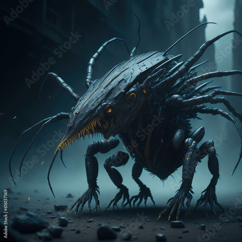 Abstract Alien Sci-Fi Dark Fantasy Creatures Invasion, War Of Worlds, Apocalyptic Scene, Generative AI