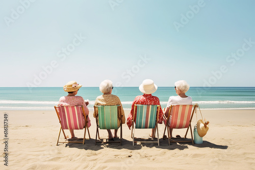 Elderly woman enjoy life on sunny summer beach. Generative AI