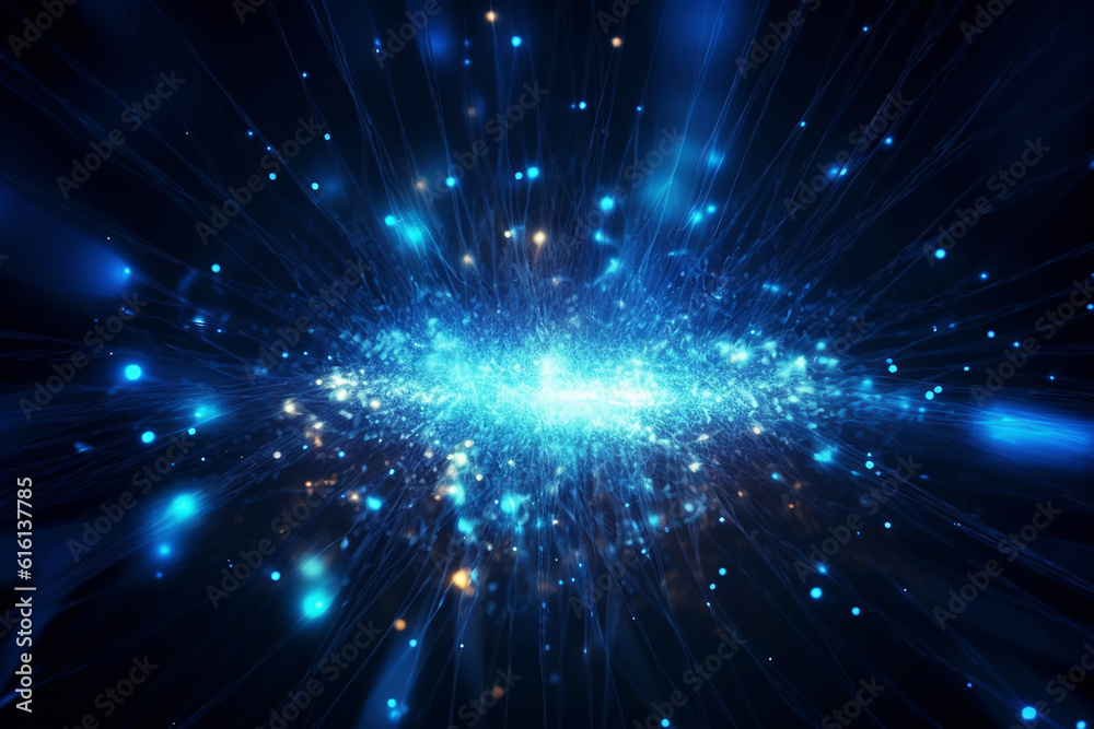 Fototapeta premium Black blue white tech futuristic background, light, abstract glowing rays, lines, dots. Generative AI