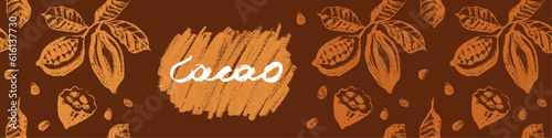 Brown label for cocoa beans with Cacao beans pattern seamless with cocoa bean hand drawn illustrations. Chocolate packaging design, cocoa powder label, organic cacao butter backdrop. Cocoa cosmetics.