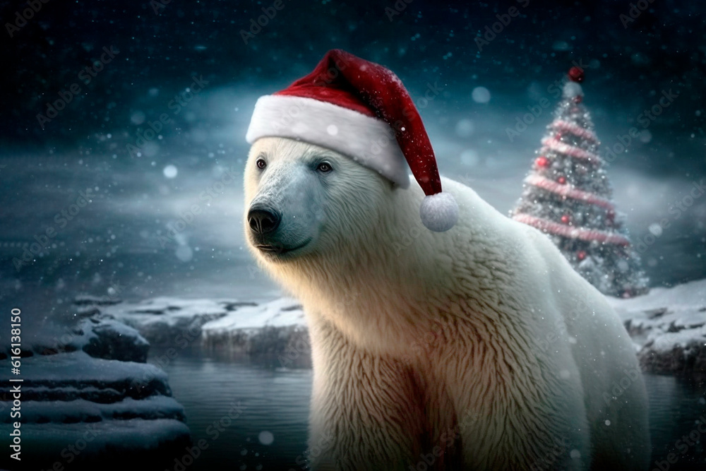polar bear in santa hat against christmas tree polar bear in santa hat against christmas tree