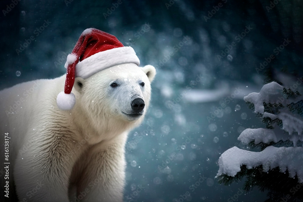 polar bear in santa hat against christmas tree polar bear in santa hat against christmas tree