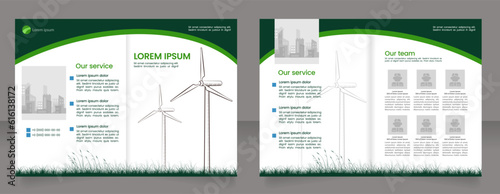 Wind power generators bifold brochure template design. Sustainable energy plant. Half fold booklet mockup set with copy space for text. Editable 2 paper page leaflets. Poppins font used