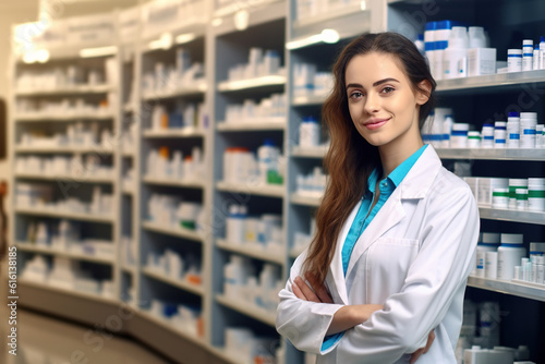Free Download Portrait of young woman pharmacist wearing lab coat standing in pharmacy drugstore and looking at camera. - GFXLoad