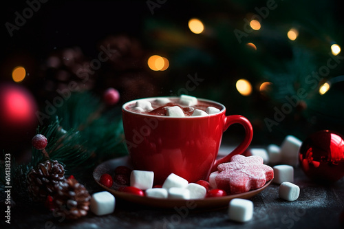 Christmas drink. Cacao in  red cup, fir, marshmallows on bokeh background