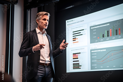 A CEO making an important business presentation to investors, showcasing the company's achievements and future growth plans. Generative AI