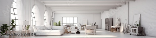 Modern white loft minimal interior design shabby chic 3d render