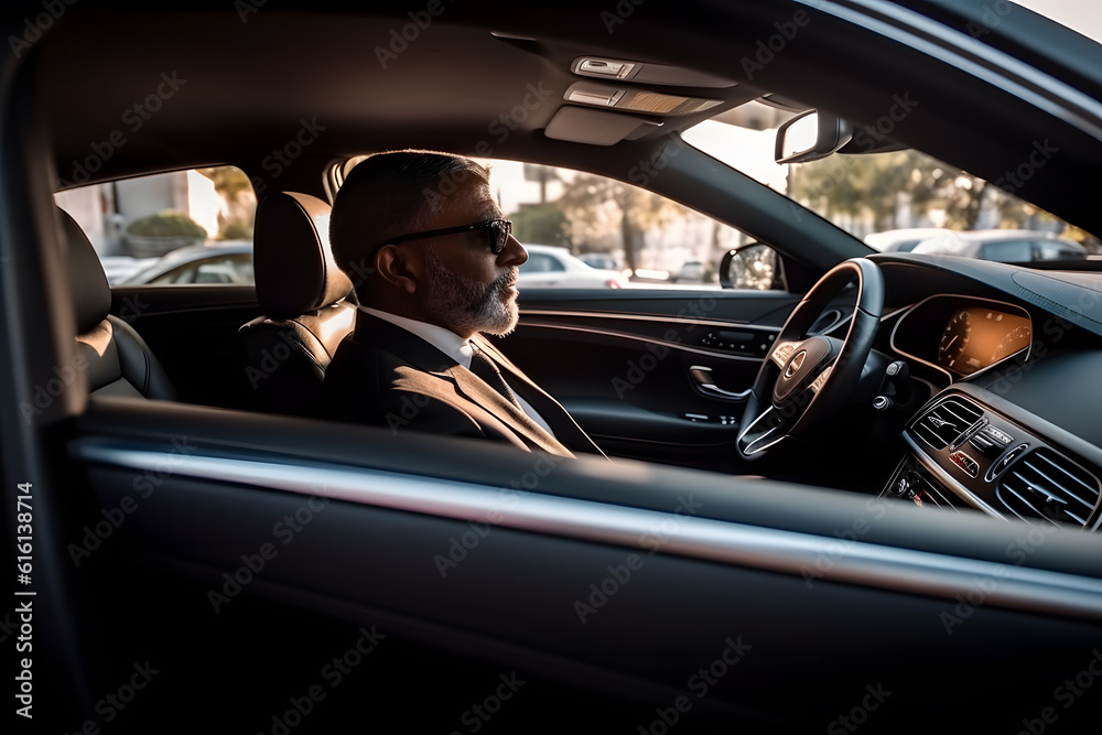 Naklejka premium A chauffeur driving a luxury car, providing a comfortable and safe transportation experience. Generative AI