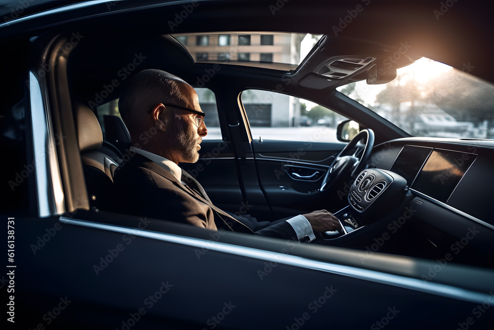 A chauffeur driving a luxury car, providing a comfortable and safe transportation experience. Generative AI A chauffeur driving a luxury car, providing a comfortable and safe transportation experience. Generative AI