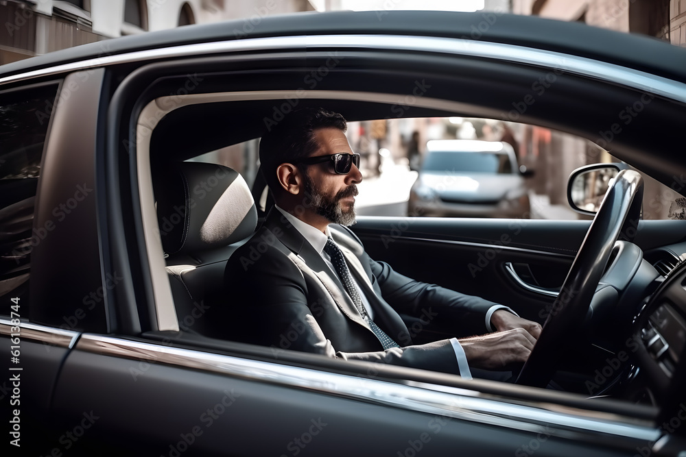 A chauffeur driving a luxury car, providing a comfortable and safe transportation experience. Generative AI