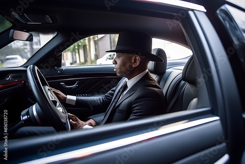 A chauffeur driving a luxury car, providing a comfortable and safe transportation experience. Generative AI © Mihai Zaharia