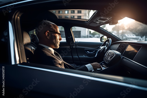A chauffeur driving a luxury car, providing a comfortable and safe transportation experience. Generative AI